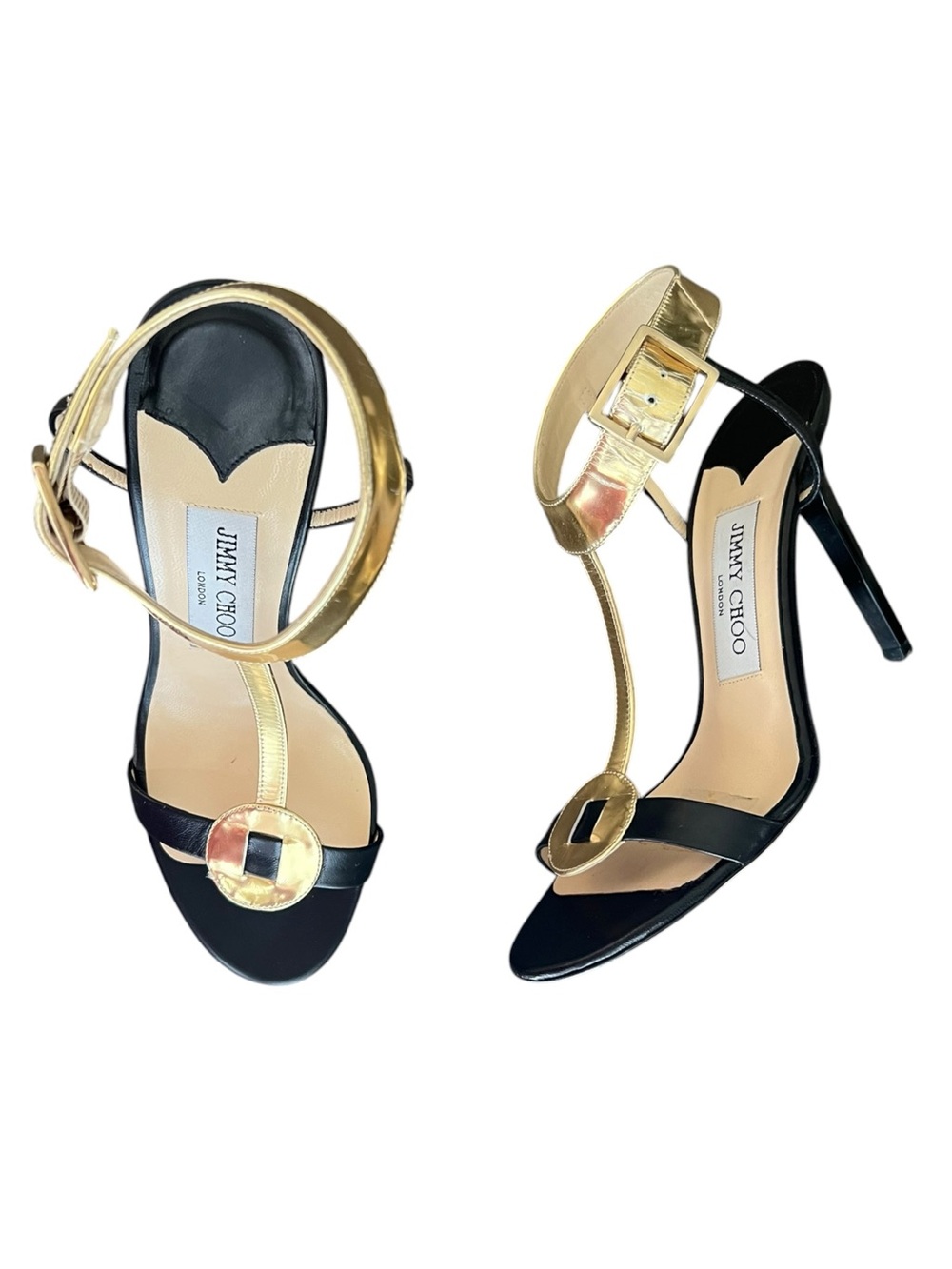 Jimmy Choo Women’s Y2K Vintage Leather Colorblock Pattern T Strap Open Toe Heels